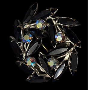 Vintage Black Crystal Navette Pin Brooch with Aurora Borealis Accents